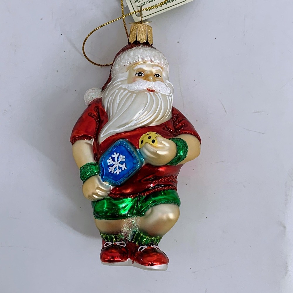 Old World Christmas Pickleball‎ Santa Ornament Glass Pickle Ball Paddle